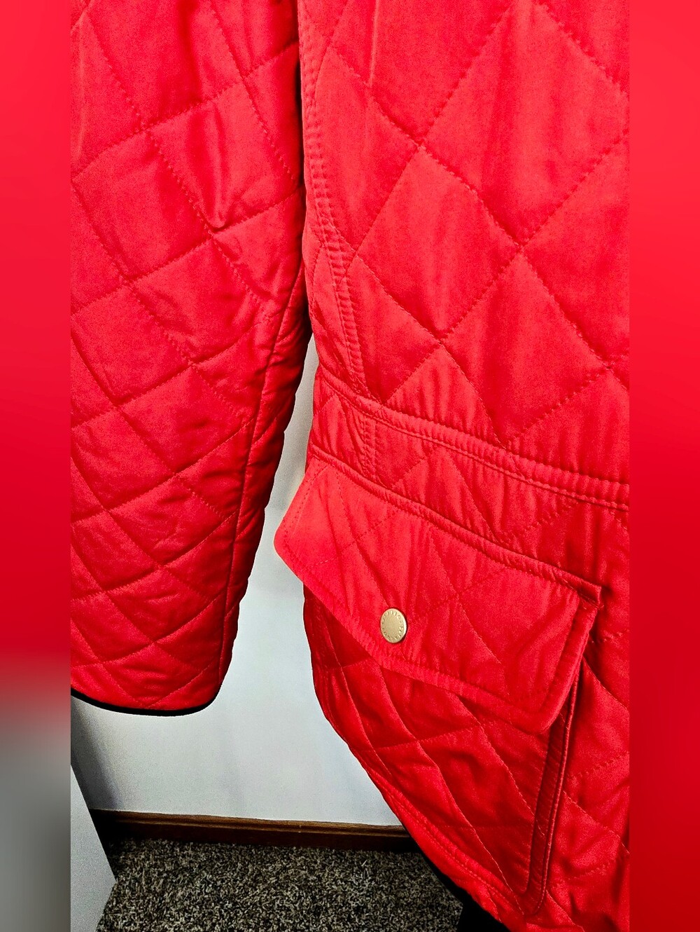 Talbots Red Quilted Jacket Navy Trim Gold Snap Preppy Coastal Coat Old Money - Picture 6 of 12